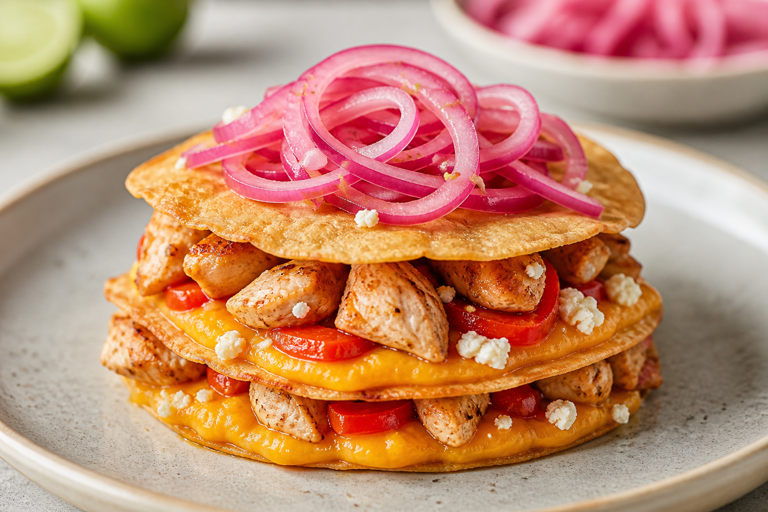 Cassava Crisp Stacks with Pumpkin Cream, Sweet Pepper Chicken and Lime-Pickled Red Onion