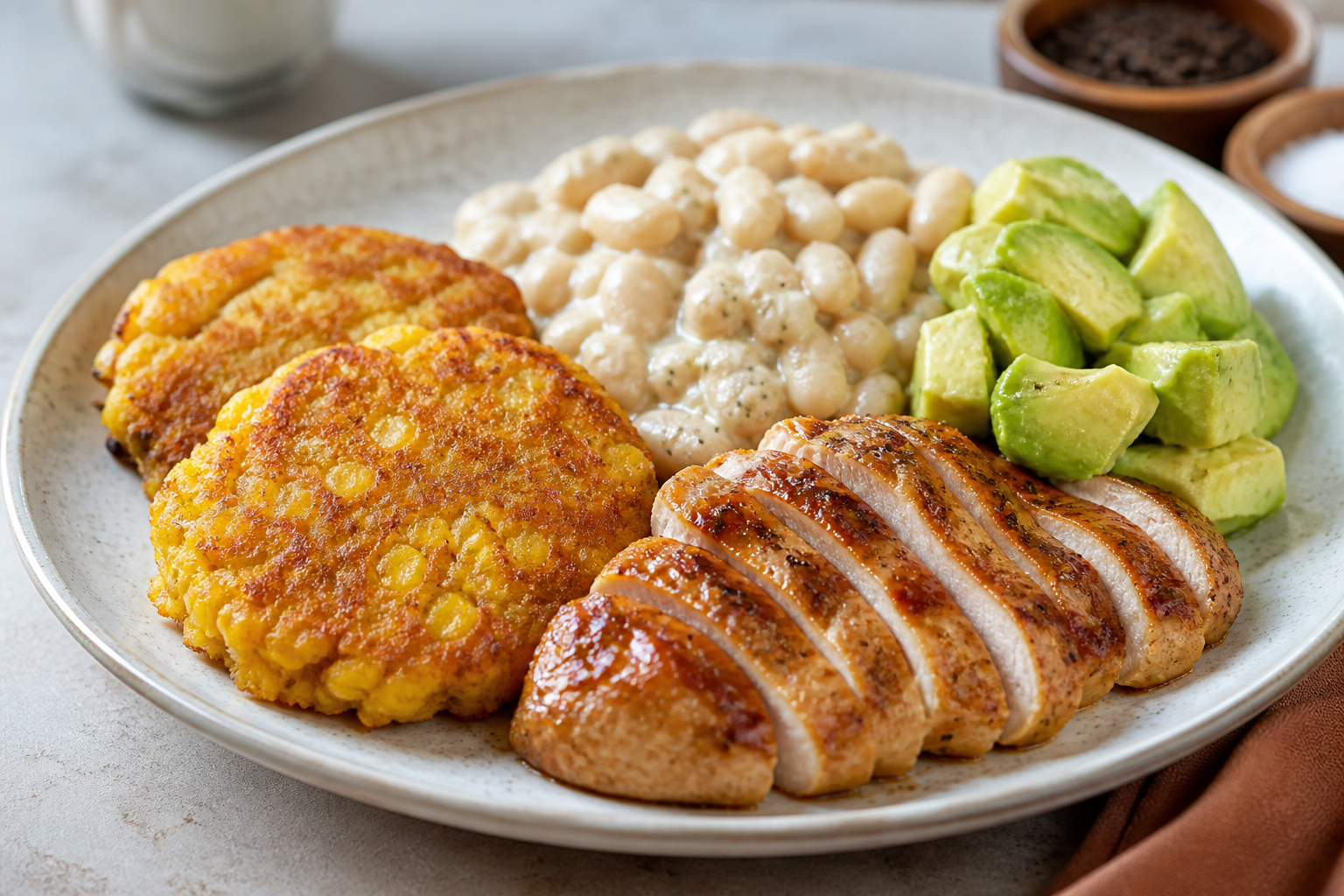 Torrejitas Caraqueñas de Yuca y Maíz con Pollo al Papelón Cítrico, Crema de Caraotas Blancas y Ensalada de Aguacate
