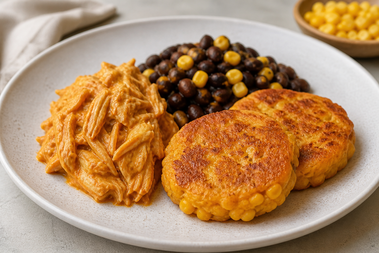 Torrecitas de Batata y Maíz con Pollo en Coco al Ají Dulce y Ensalada Tibia de Caraotas Negras