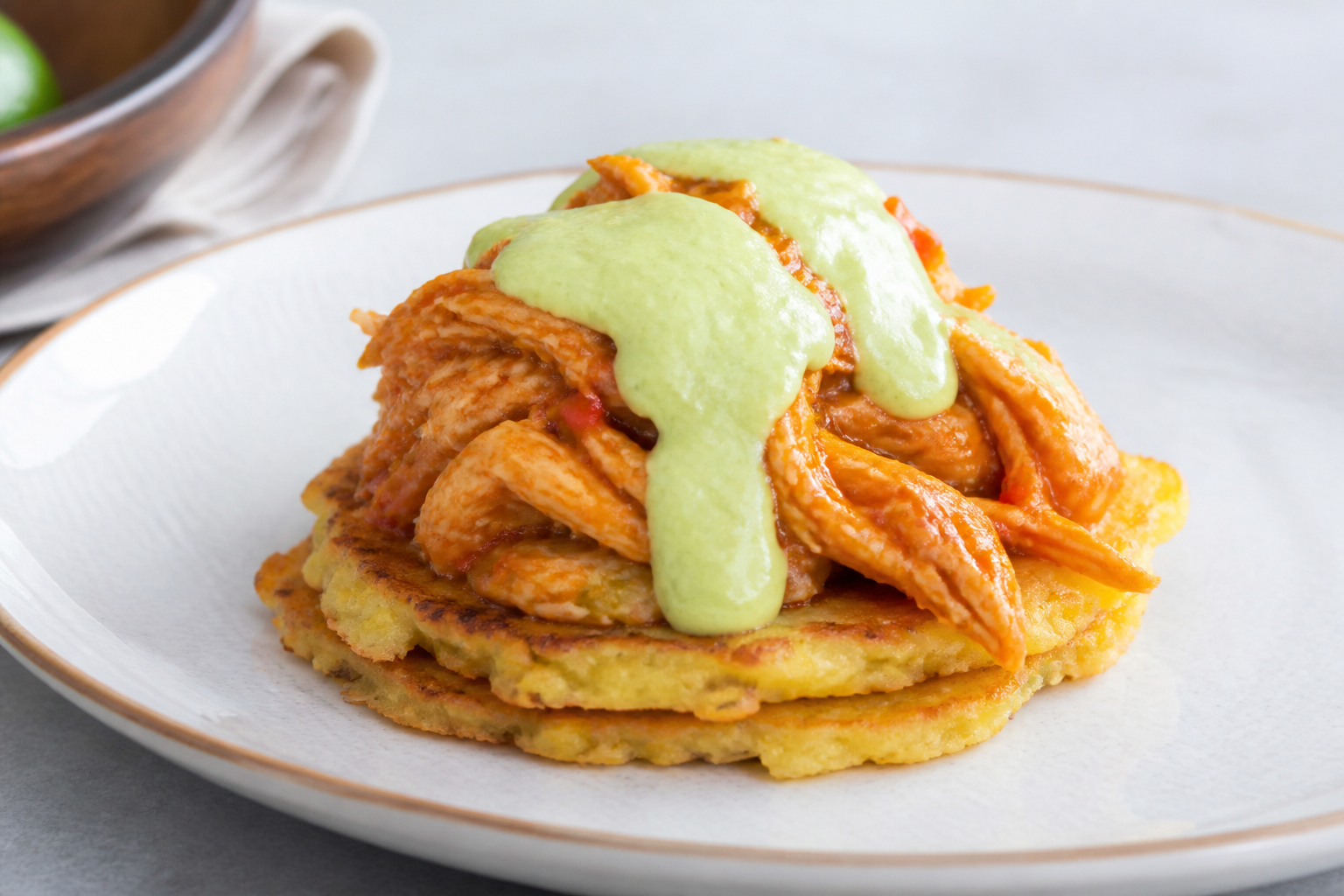 Panquecas de jojoto y yuca con pollo guisado al ají dulce y crema de aguacate-limón