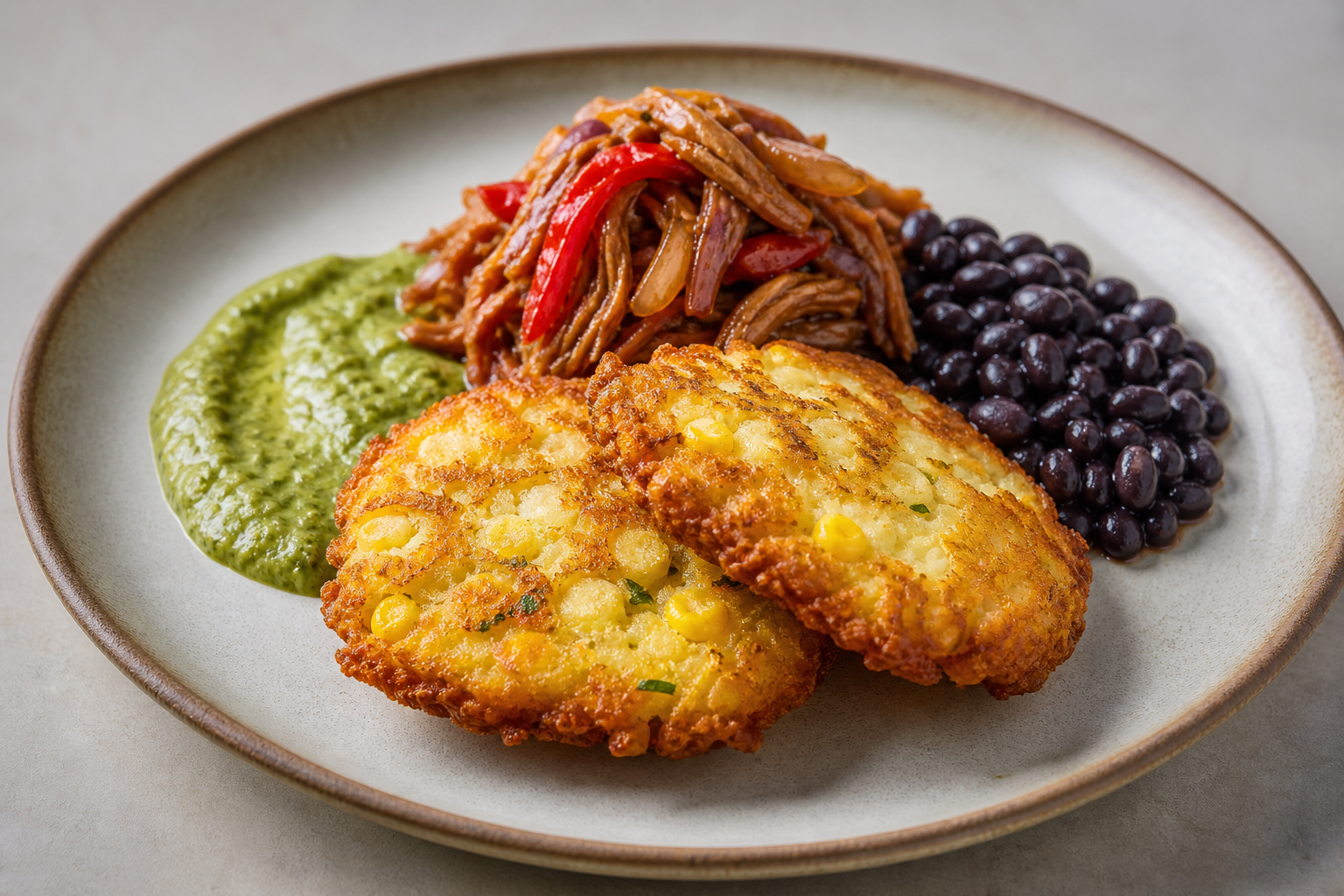Torrejitas de Yuca y Maíz con Pabellón de Berenjena Ahumada, Caraotas Negras y Guasacaca de Papelón