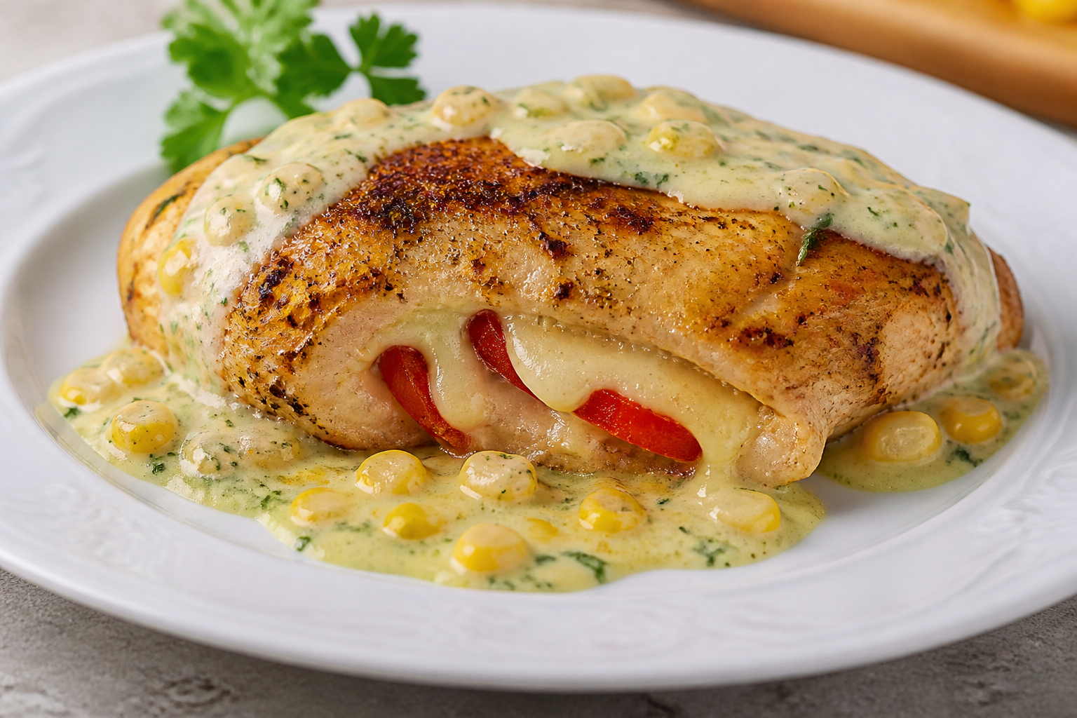 Argentine Chicken Supreme Stuffed with Provoleta and Roasted Peppers with Parsley Corn Sauce