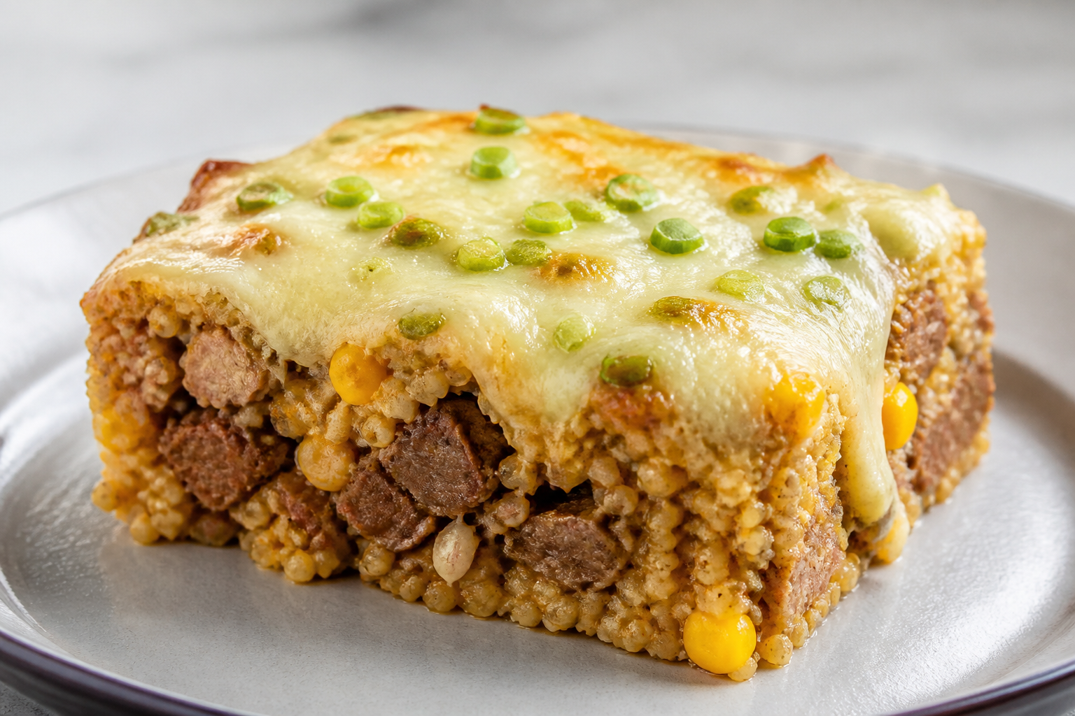 Pastel de Mijo Criollo con Carne Cortada a Cuchillo, Choclo Dorado y Cubierta de Queso y Verdeo