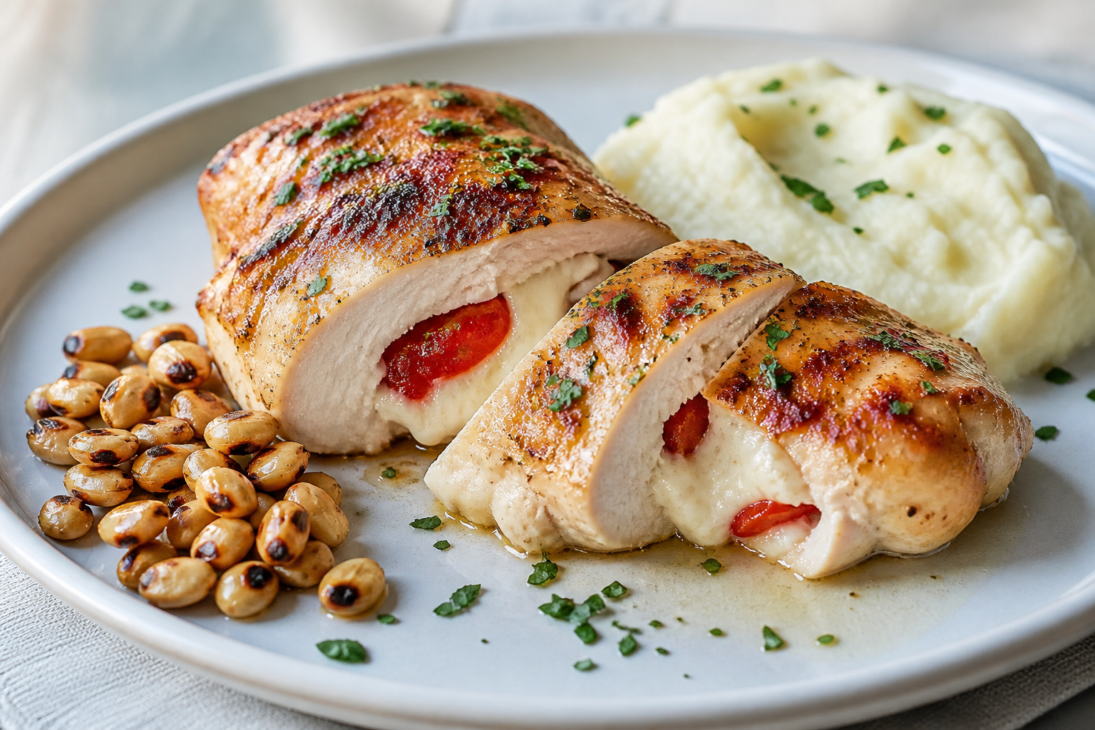 Criollo-Style Stuffed Chicken Supreme with Cauliflower Mash and Toasted Corn