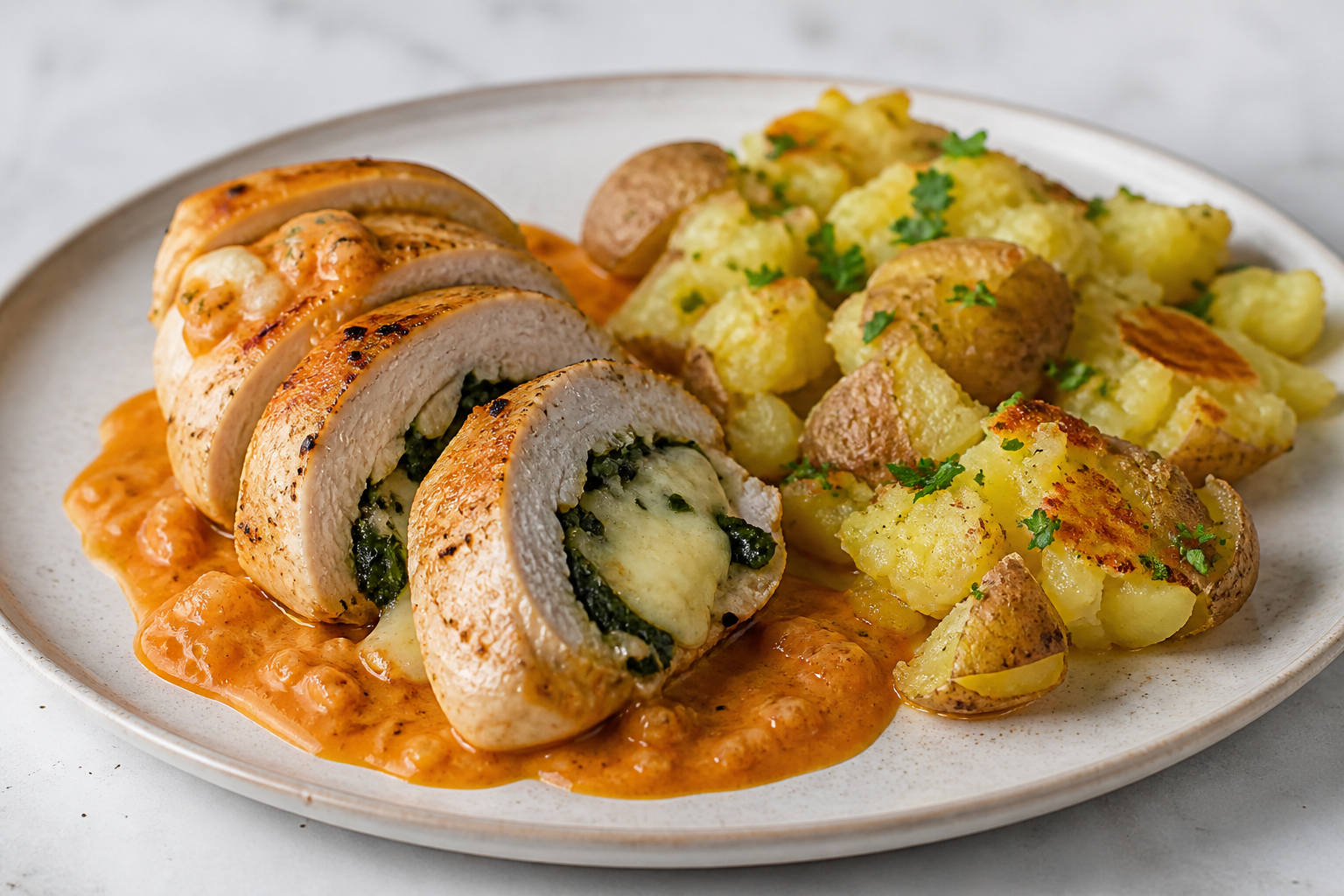 Provençal Stuffed Chicken Breast with Creamy Roasted Red Pepper Sauce and Smashed Parsley Potatoes