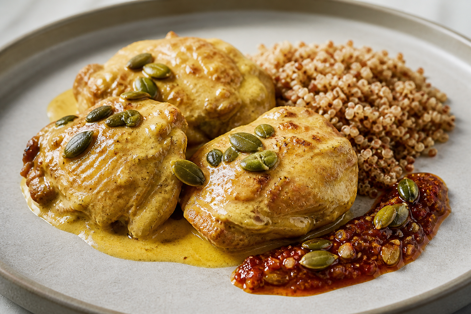 Highland Chicken Encocado with Toasted Quinoa and Pumpkin Seed Chili Sauce