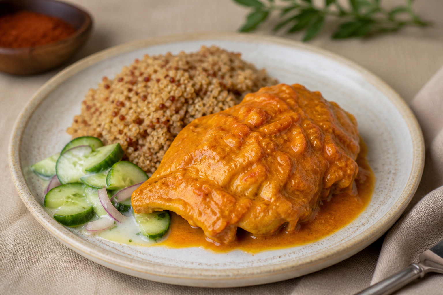 Highland-Style Chicken Encocado with Toasted Quinoa and Cucumber Ají