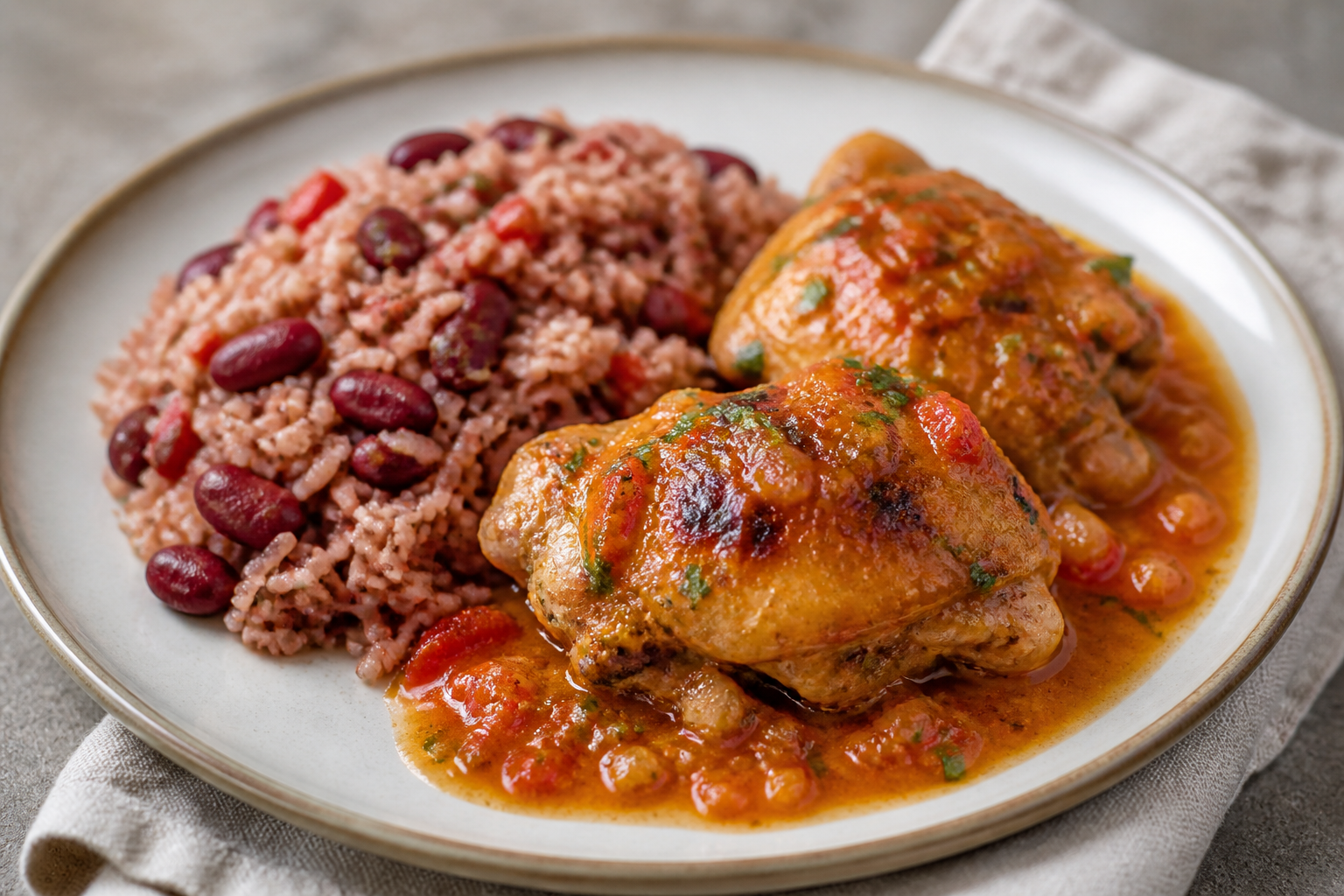 Honduran Chicken in Roasted Jicama, Sweet Pepper and Cilantro Sauce with Red Bean Rice