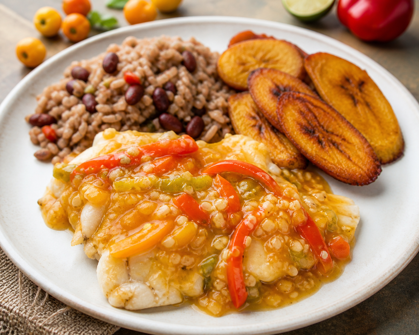 Honduran Fish in Nance and Sweet Pepper Sauce with Red Bean Rice and Seared Ripe Plantain