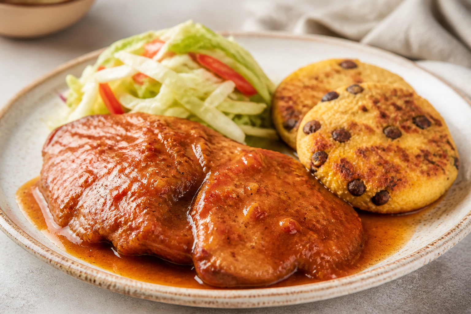 Chuleta Catracha en Salsa de Nance y Chile Dulce con Tamalitos de Frijol y Ensalada de Repollo Fresco