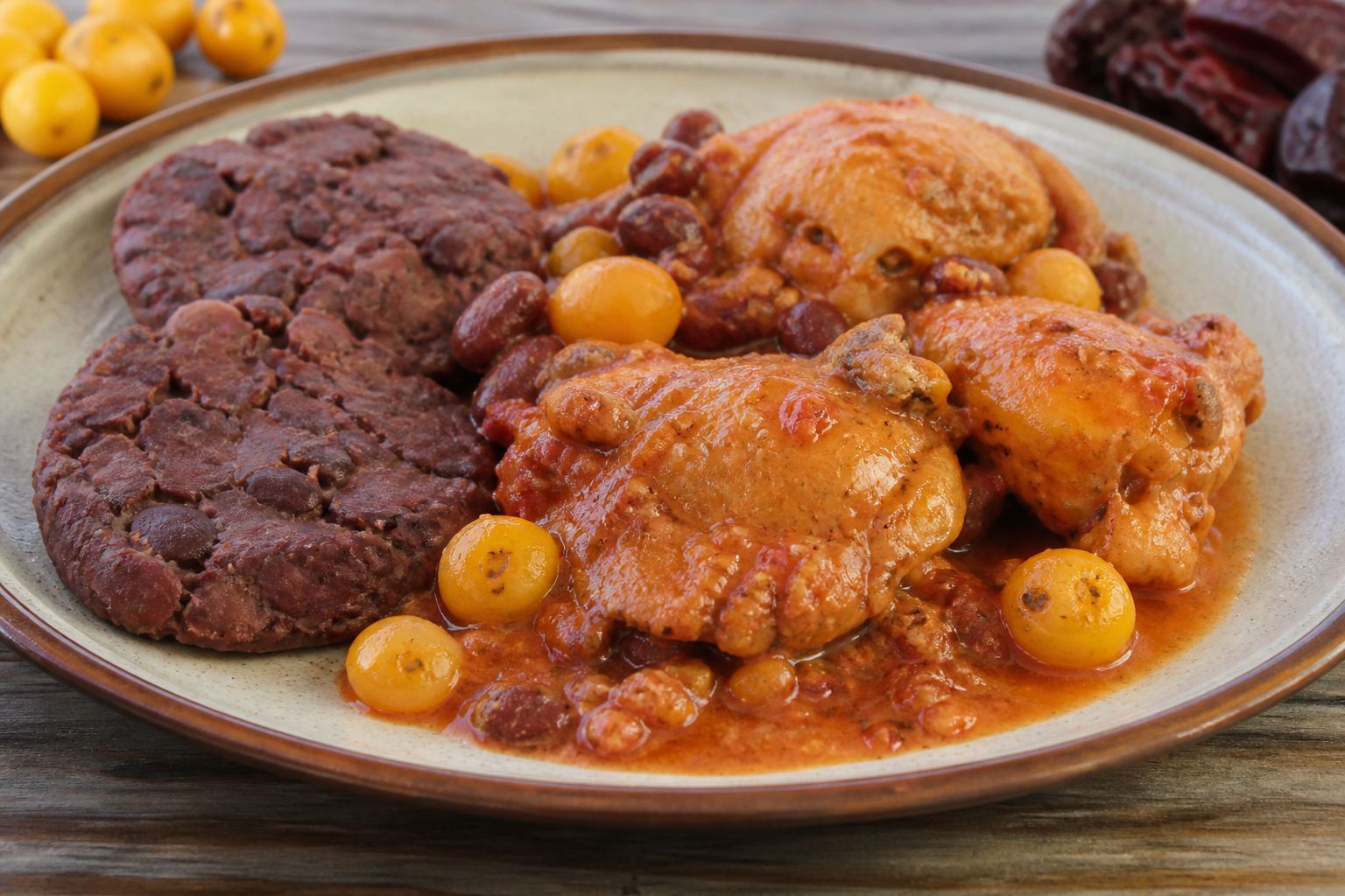 Pollo Catracho en Salsa de Nance y Chile Pasa con Tortitas de Frijol Rojo