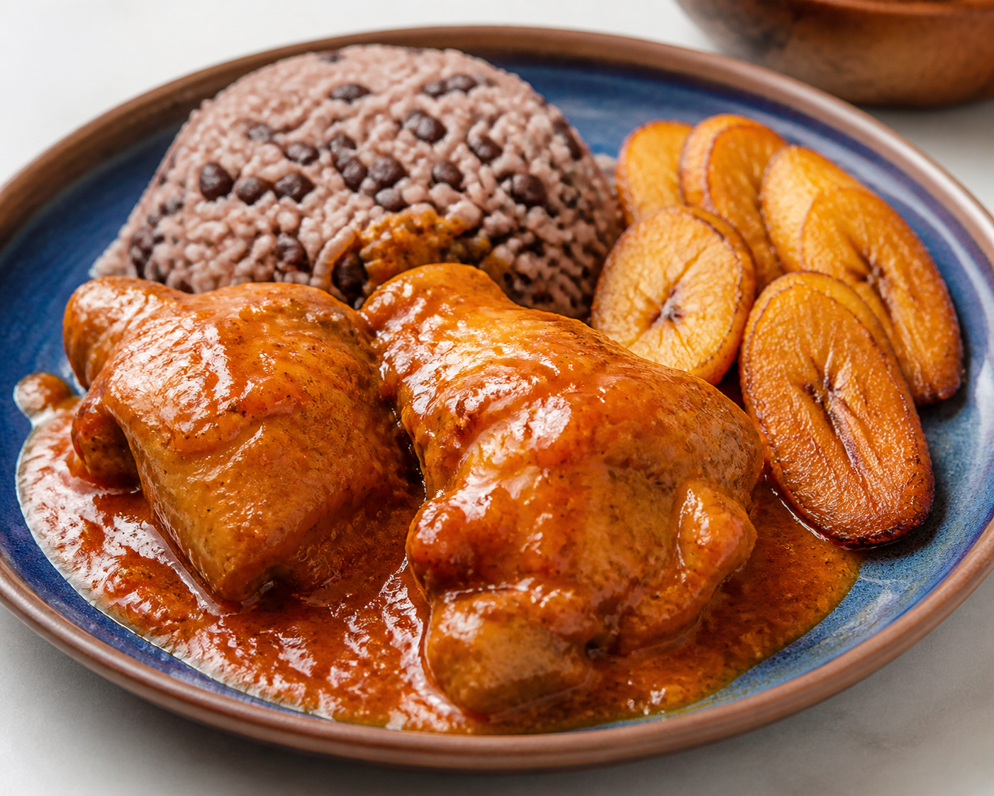 Pollo Catracho en Salsa de Nance y Chile Morrón con Arroz de Frijol Rojo y Plátano Maduro Dorado
