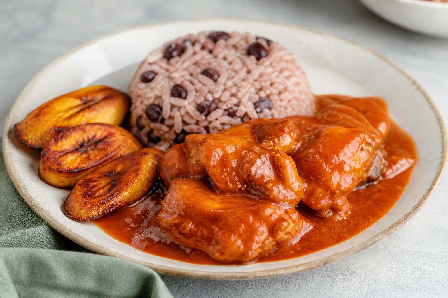 Honduran Chicken in Nance and Pasilla Chile Sauce with Red Bean Rice and Roasted Ripe Plantain