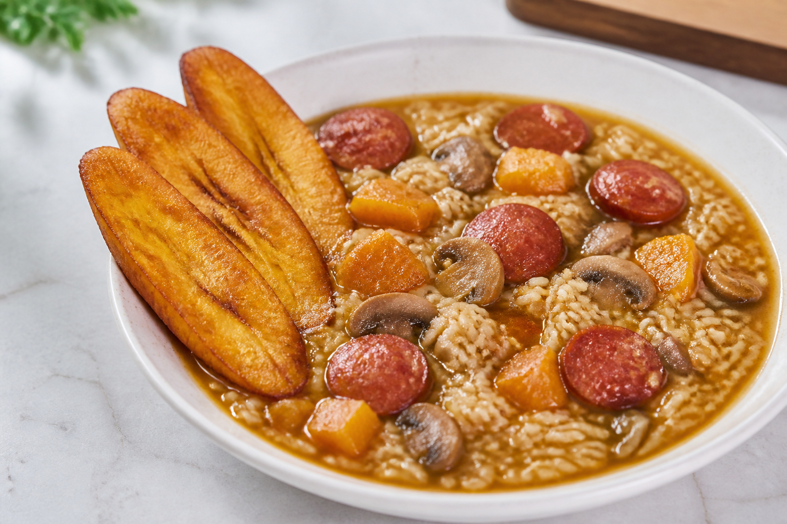 Puerto Rican Brothy Rice with Chorizo, Mushrooms and Pumpkin with Crispy Green Plantain