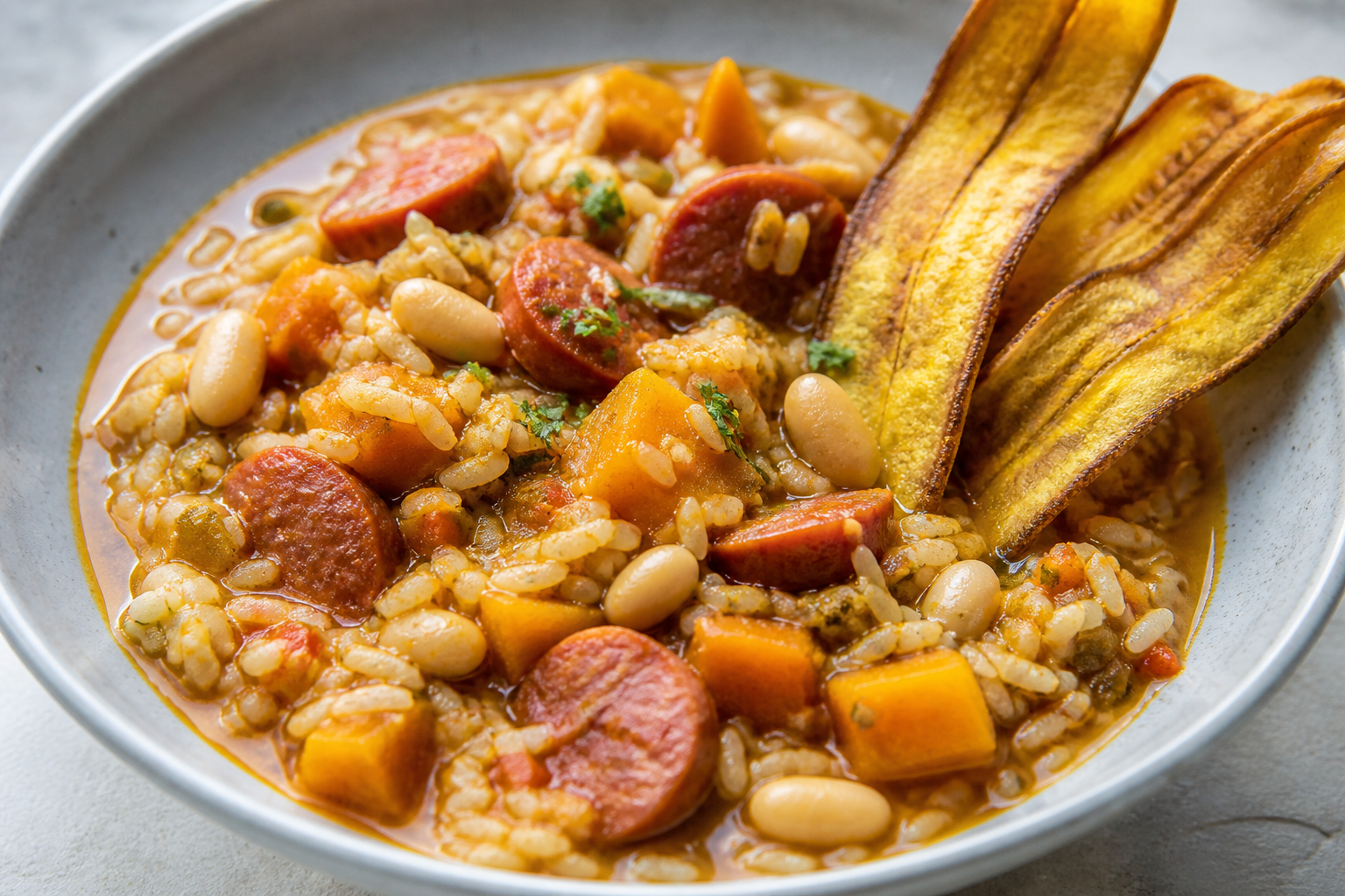 Arroz Caldoso Boricua de Chorizo, Calabaza y Habichuelas Blancas con Crocante de Plátano Verde