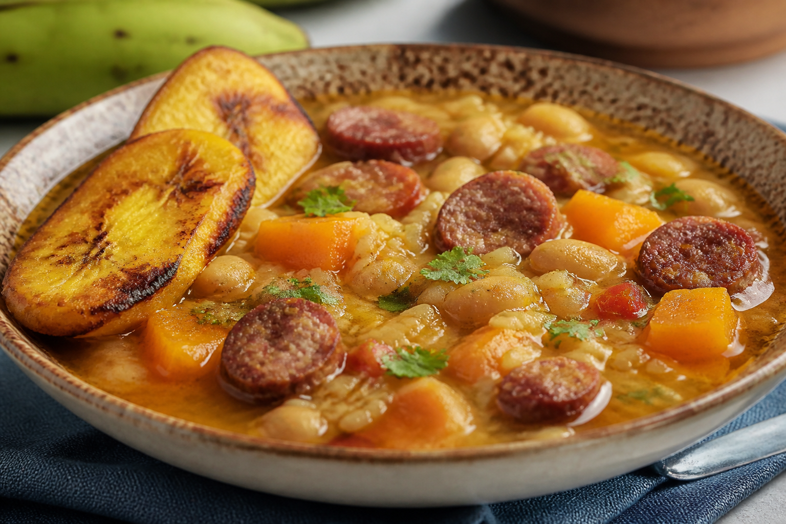 Arroz Caldoso Boricua de Longaniza, Calabaza y Habichuelas Blancas con Crujiente de Plátano Verde