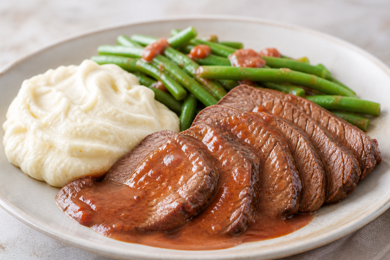 Sobrebarriga Criolla en Salsa de Guayaba Agria con Puré de Malanga y Ensalada Templada de Habichuelas