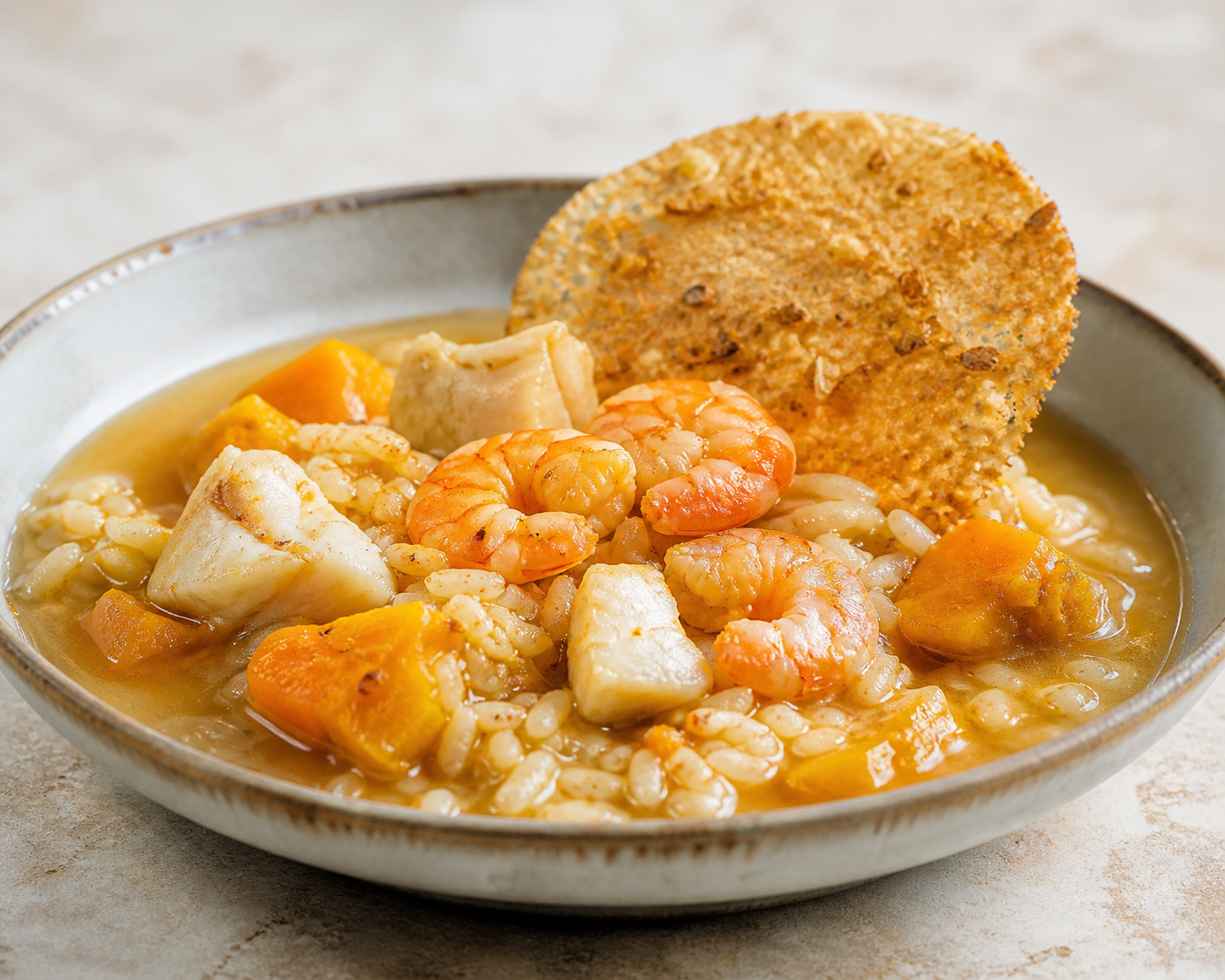 Puerto Rican Brothy Seafood Rice with Pumpkin and Garlicky Casabe Crisp
