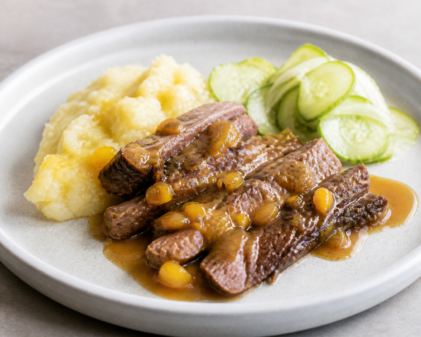 Sobrebarriga Criolla en Salsa de Naranjilla y Comino con Puré de Arracacha y Ensalada de Pepino