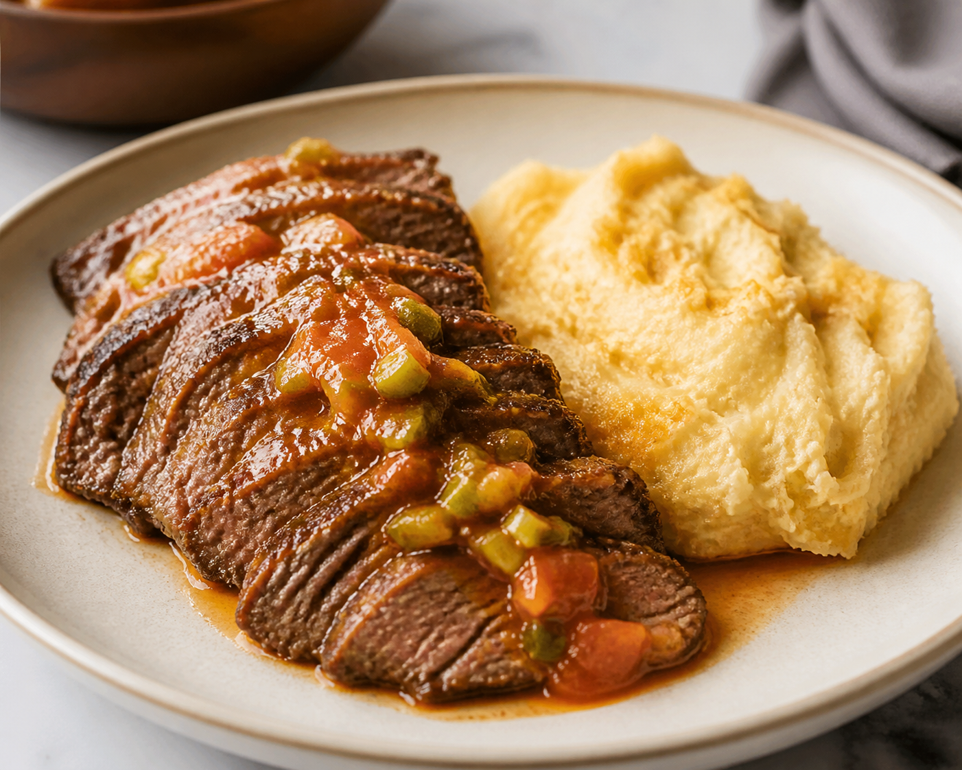 Colombian Flank Pot Roast in Tart Guava and Scallion Sauce with Roasted Arracacha Mash