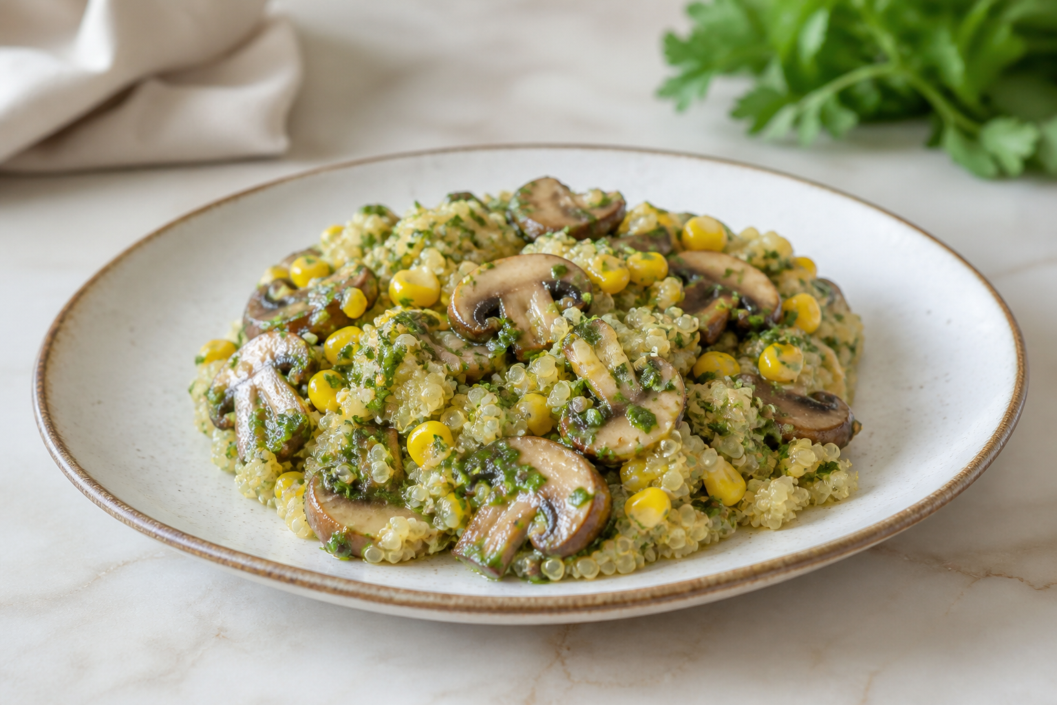 Colombian Quinoa, Sweet Corn and Mushroom Casserole in Coconut-Cilantro Hogao