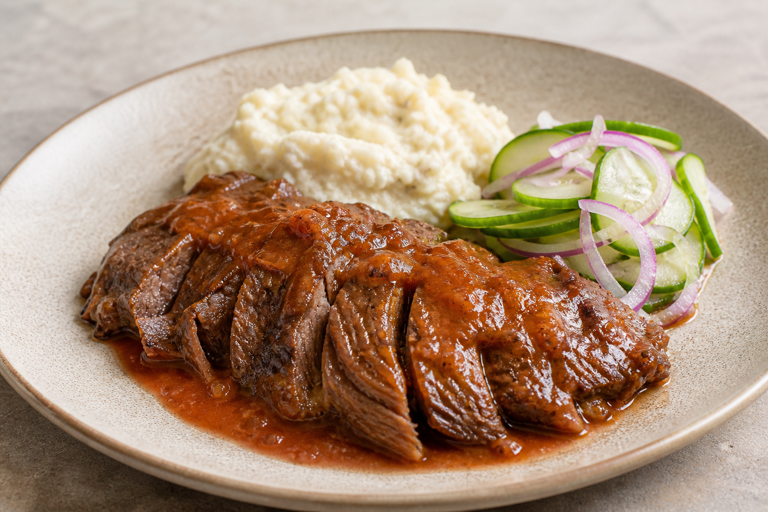 Sobrebarriga Criolla en Salsa de Guayaba Agria con Puré de Malanga y Ensalada de Pepino y Cebolla