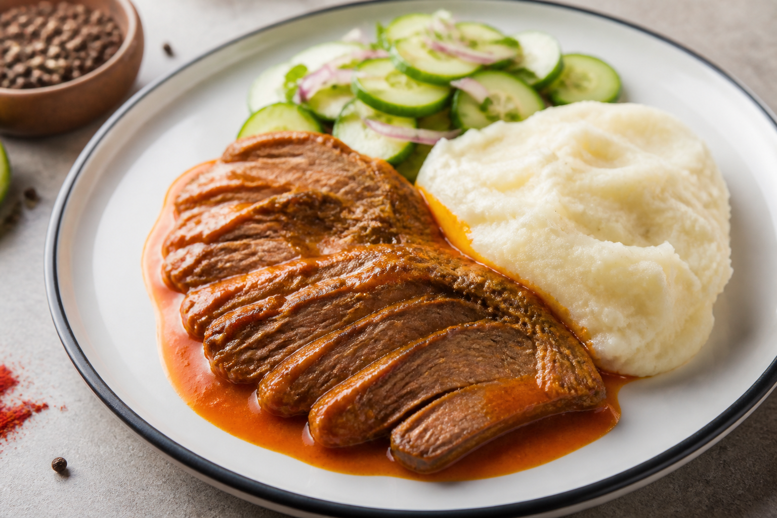 Sobrebarriga Criolla en Salsa de Naranja Agria y Achiote con Mote de Yuca y Ensalada de Pepino