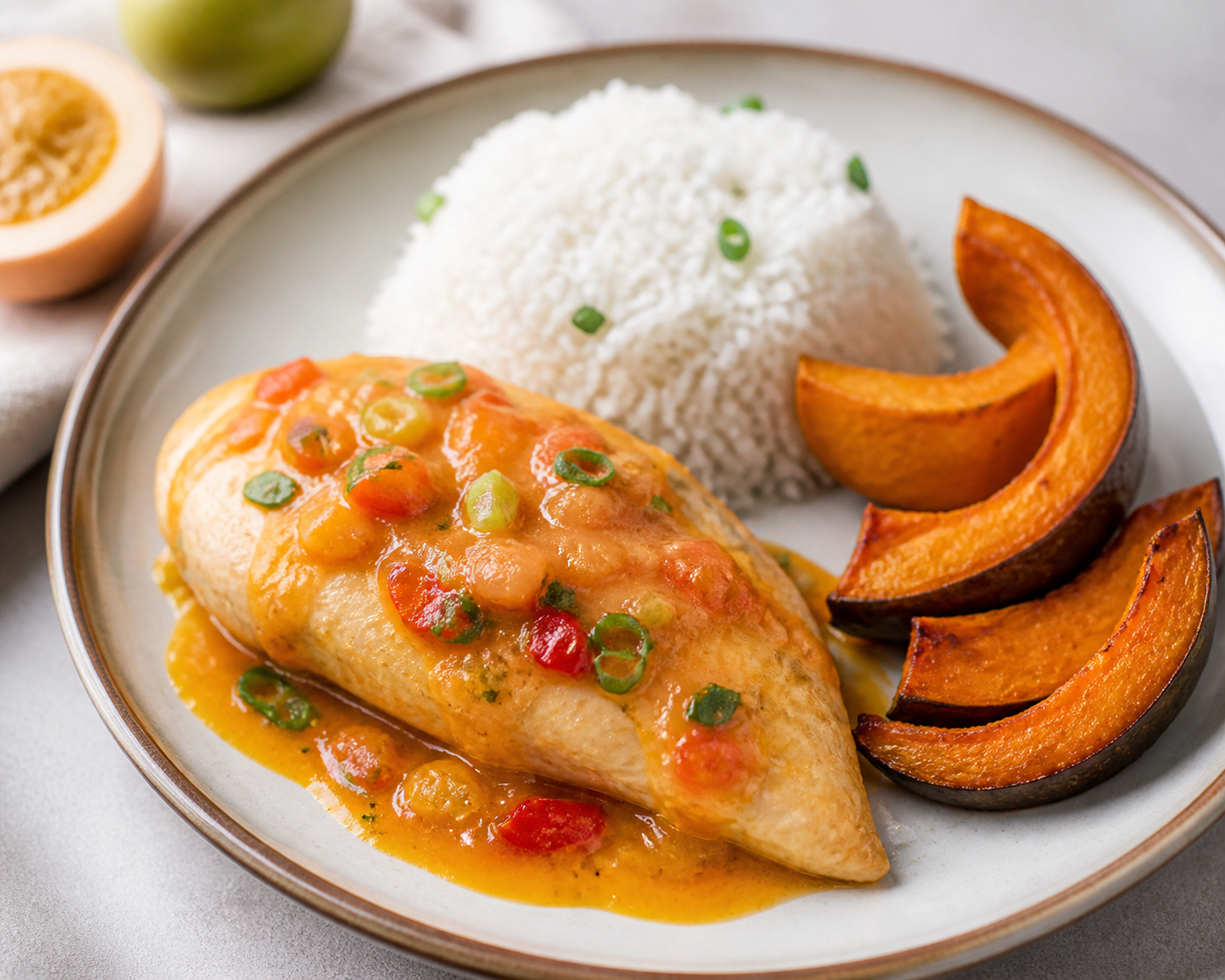 Chicken Breast in Borojo and Sweet Pepper Sauce with Light Coconut Rice and Roasted Squash