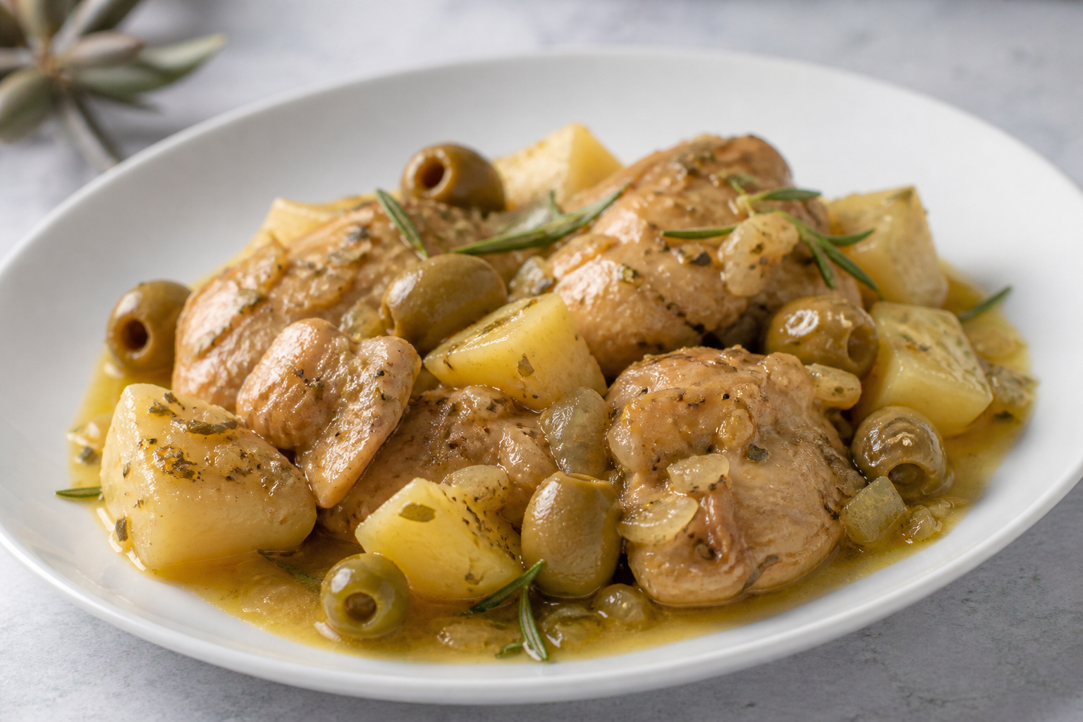 Cuban Chicken Thigh Fricassee with Sour Orange, Potatoes, and Rosemary Olives