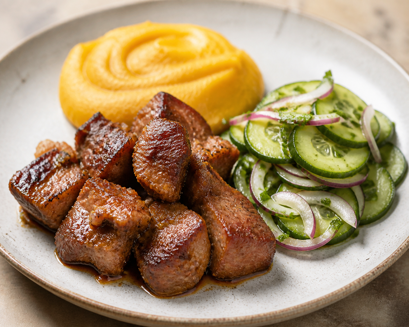 Masitas de Cerdo Cubanas al Mojo de Toronja y Comino con Fufú de Plátano y Ensalada de Pepino