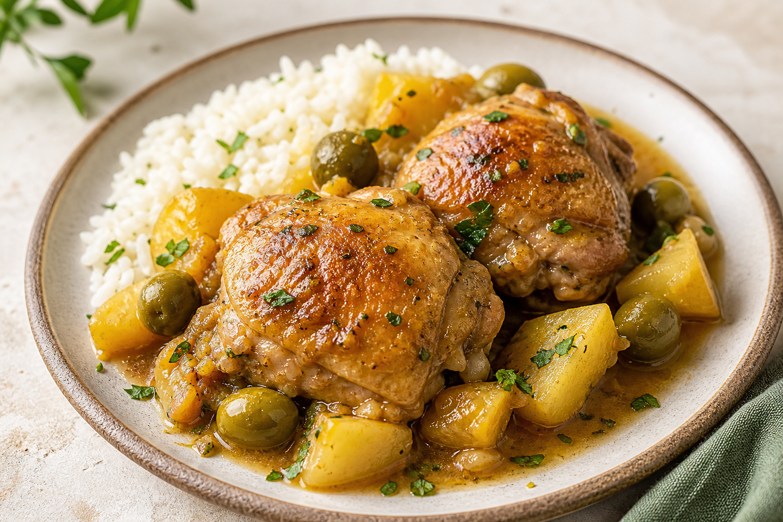 Cuban Chicken Thigh Fricassee with Sour Orange, Potatoes, and Olives over Garlic Rice