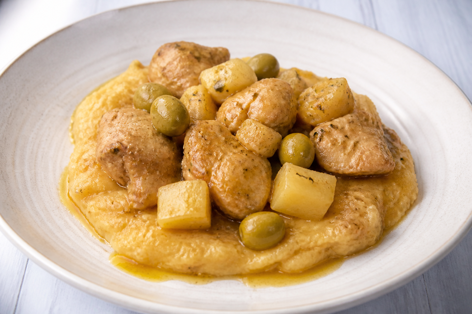 Cuban Chicken Fricassee with Sour Orange, Potatoes, and Olives over Plantain Fufu