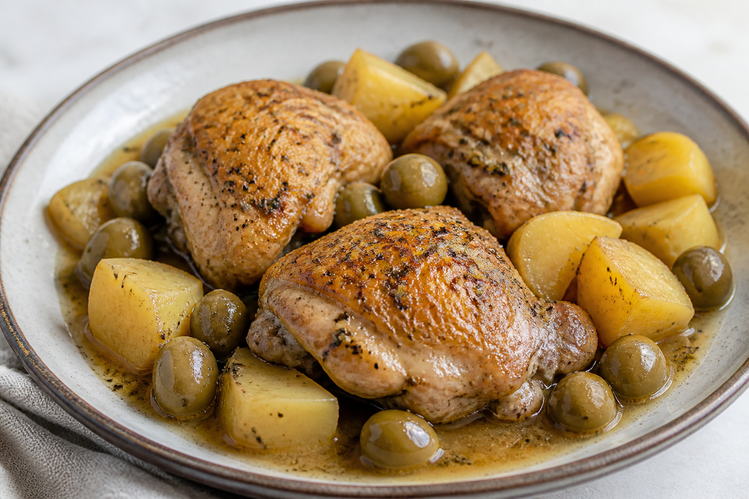 Fricasé Cubano de Pollo con Naranja Agria, Papa y Aceitunas al Laurel
