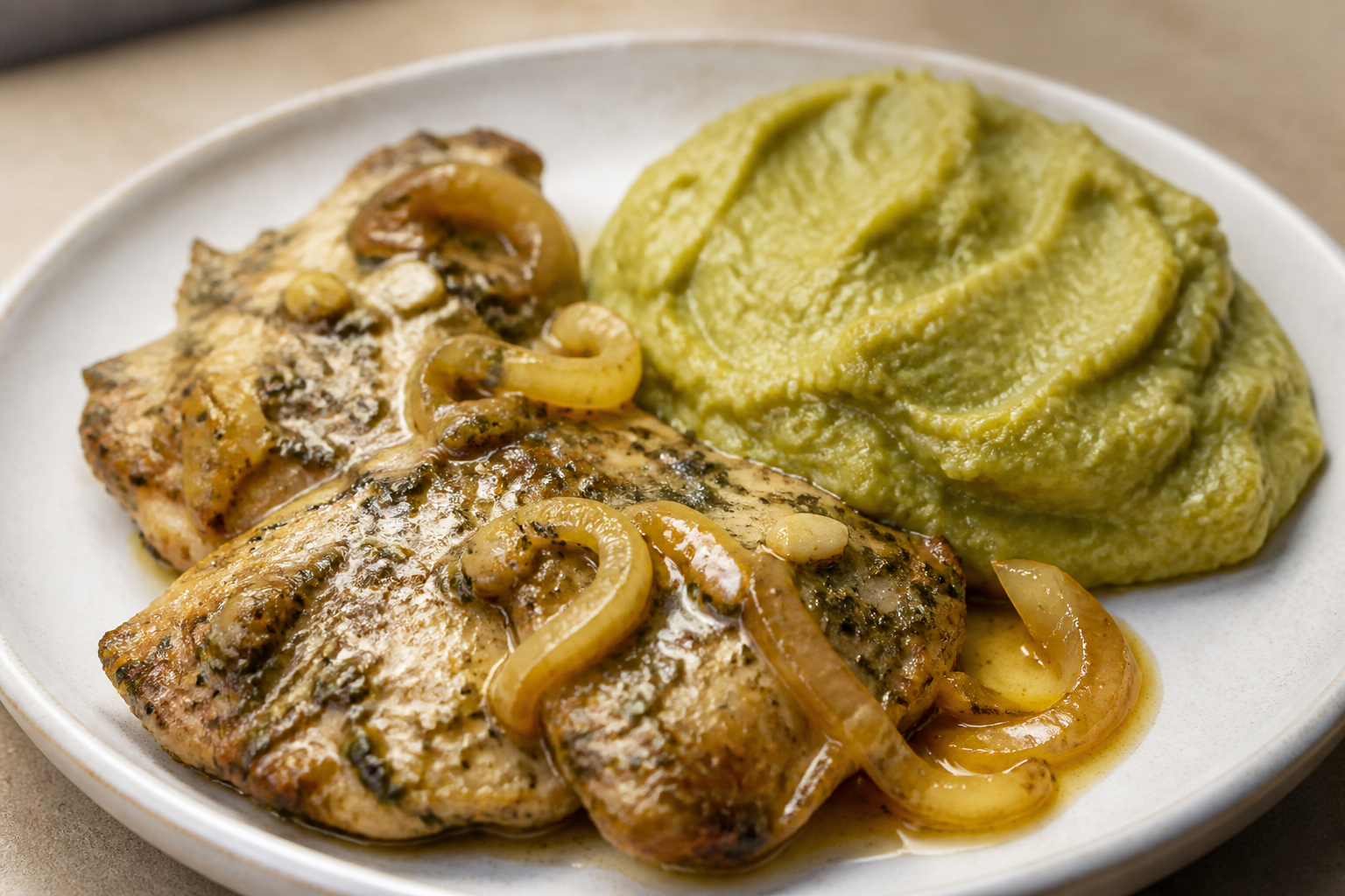 Cuban Chicken in Sour Orange and Oregano Mojo with Green Plantain Fufu and Golden Onions