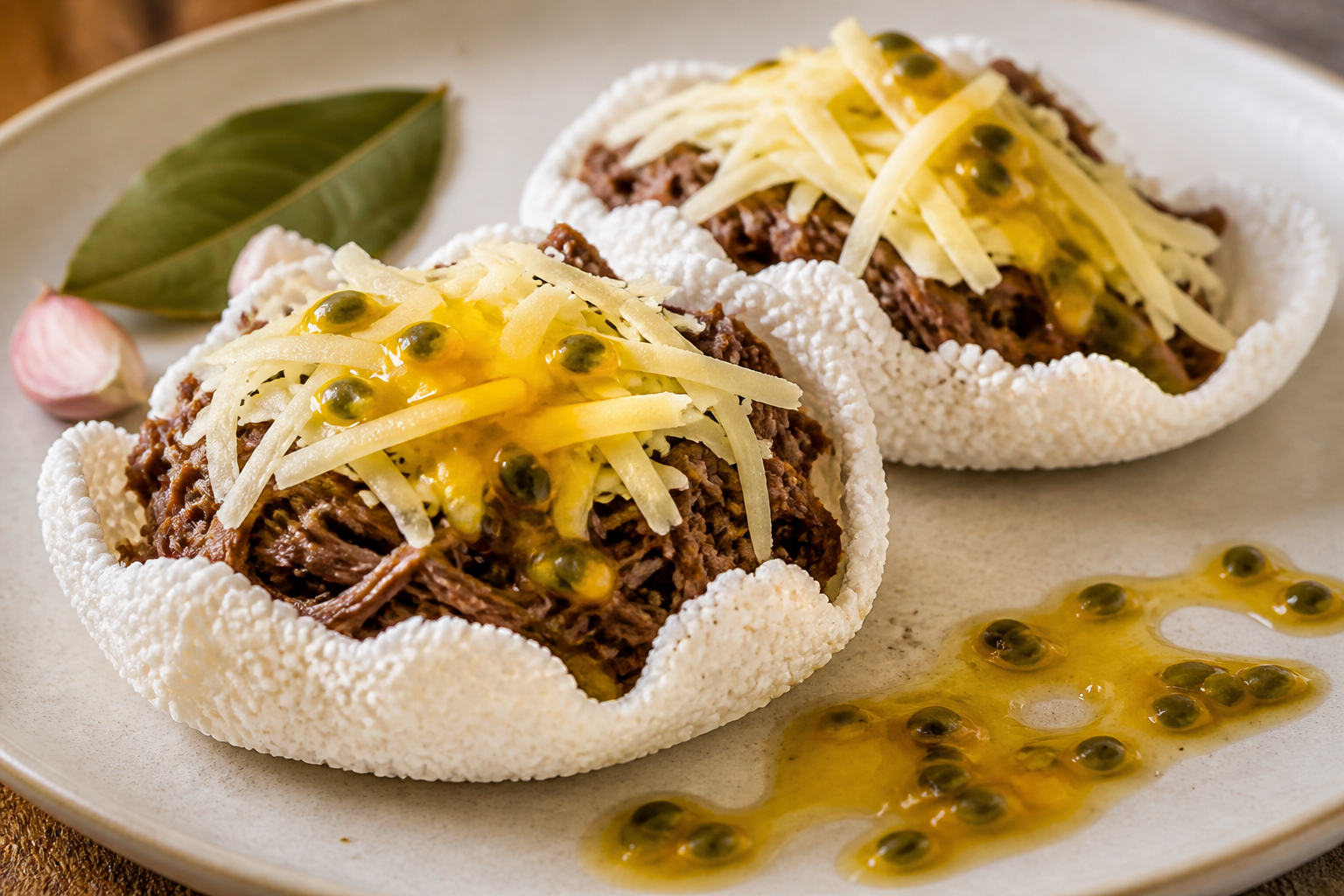 Brazilian Tapioca Baskets with Shredded Beef, Minas Cheese and Passion Fruit Vinaigrette