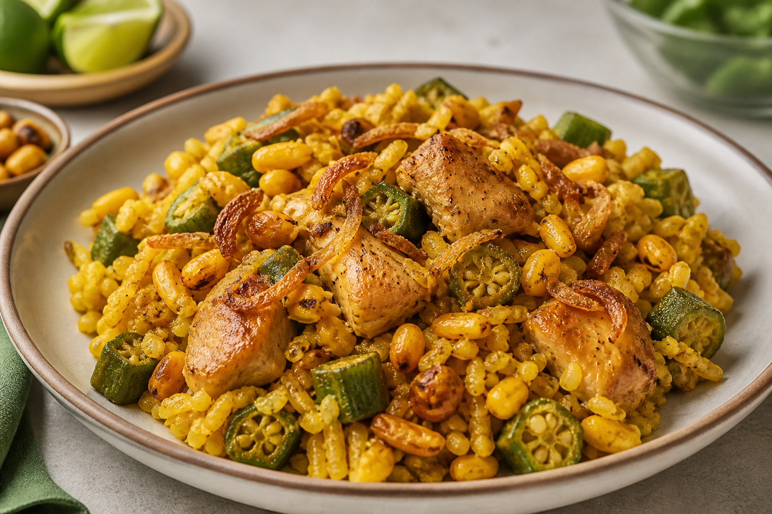 Creamy Saffron Galinhada with Toasted Corn, Roasted Okra and Crispy Onion