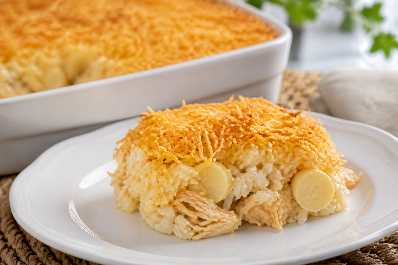 Arroz de Forno Brasileño de Pollo, Palmito y Requeijão con Costra de Yuca Crujiente
