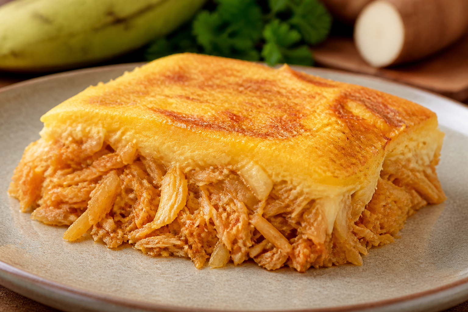 Escondidinho Brasileño de Pollo al Dendê con Puré de Plátano Macho y Corazones de Palma