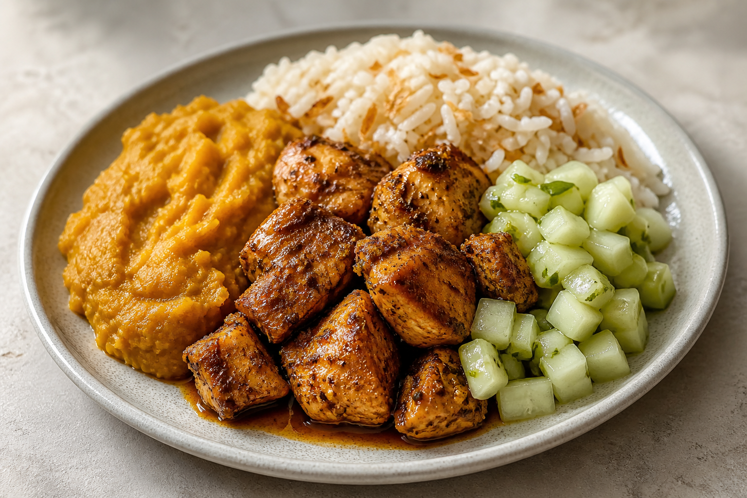 Quibebe Ahumado de Calabaza con Pollo al Dendê, Arroz de Coco Tostado y Pepino con Lima