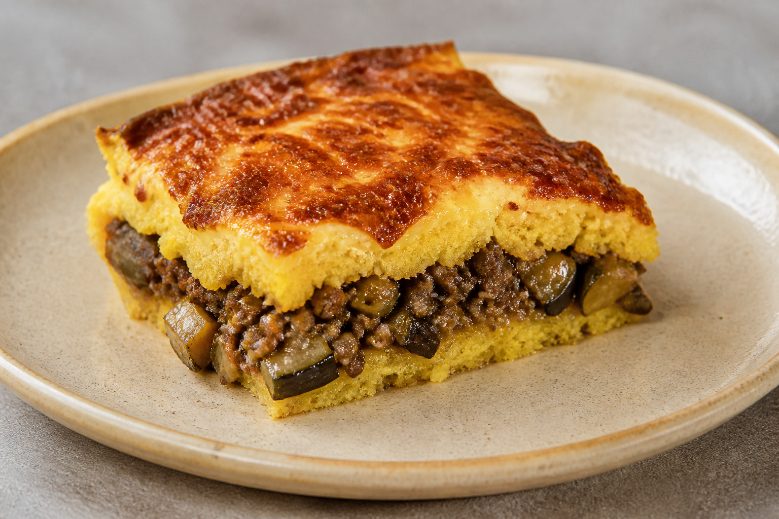 Toasted Corn Pie with Lamb Filling, Roasted Eggplant, and Chanco Cheese Crust