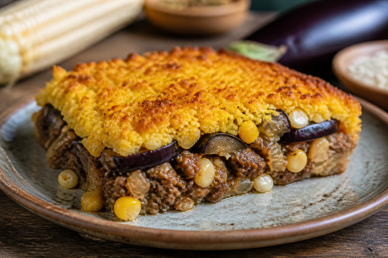 Chilean Toasted Corn Pastel with Lamb Filling, Roasted Eggplant, and Crispy Mote Crust