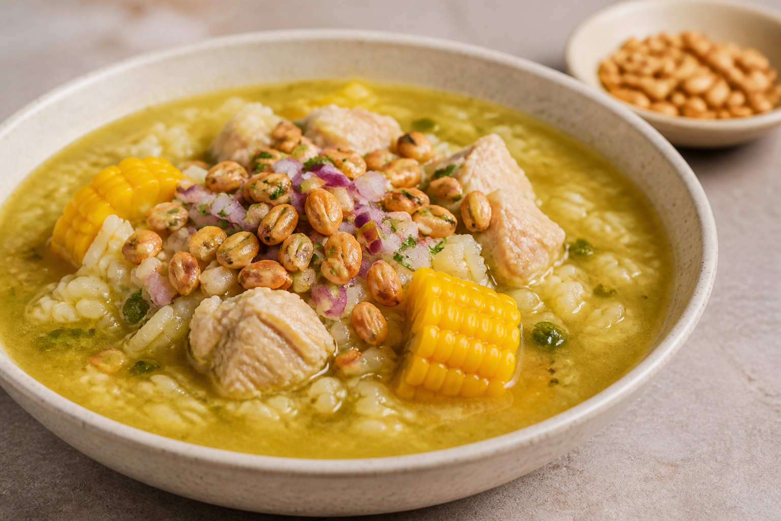 Creamy Peruvian Turkey Aguadito with Toasted Rice, Aji Amarillo and Corn