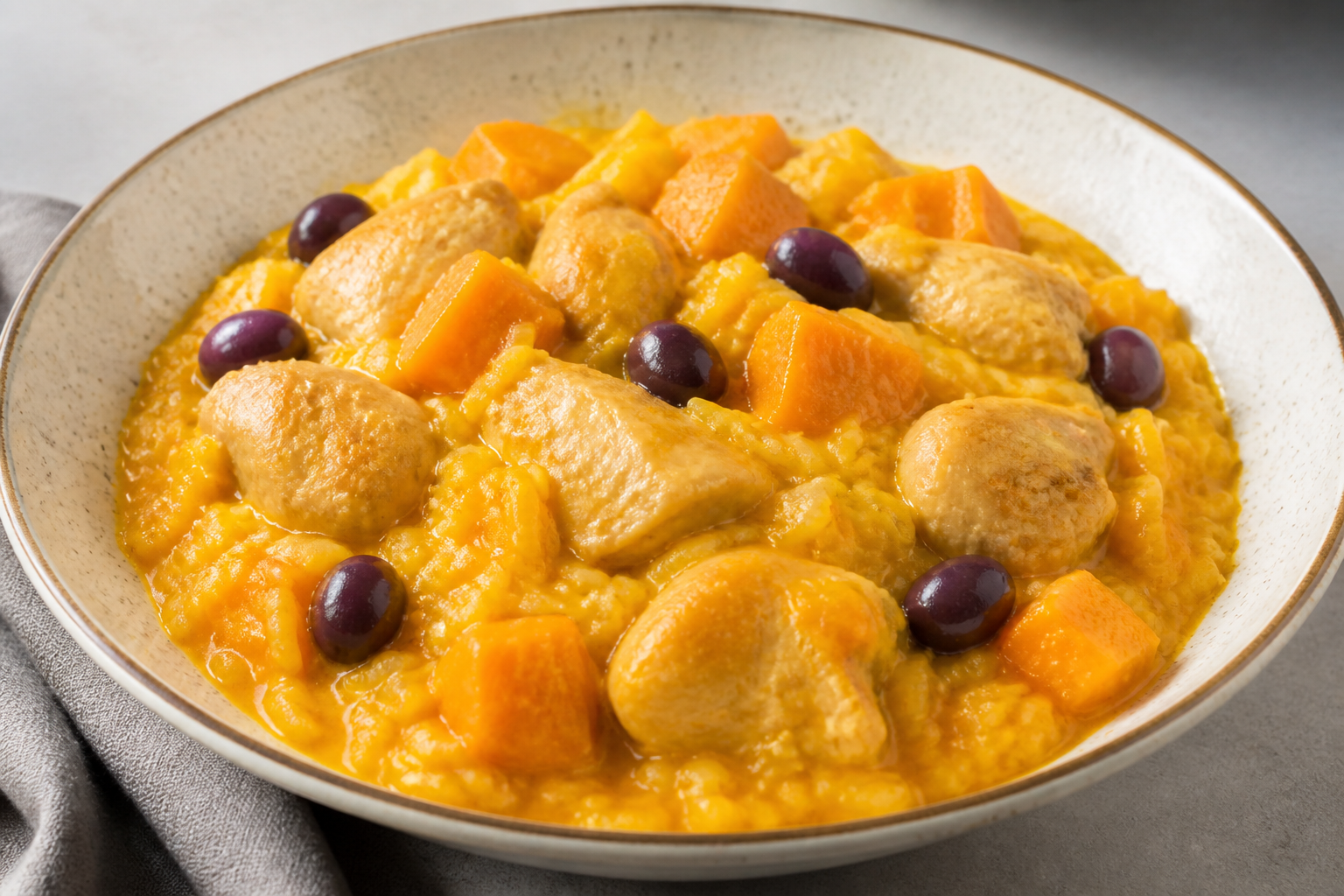 Peruvian Creamy Rice with Aji Amarillo Chicken, Zapallo Loche and Botija Olives