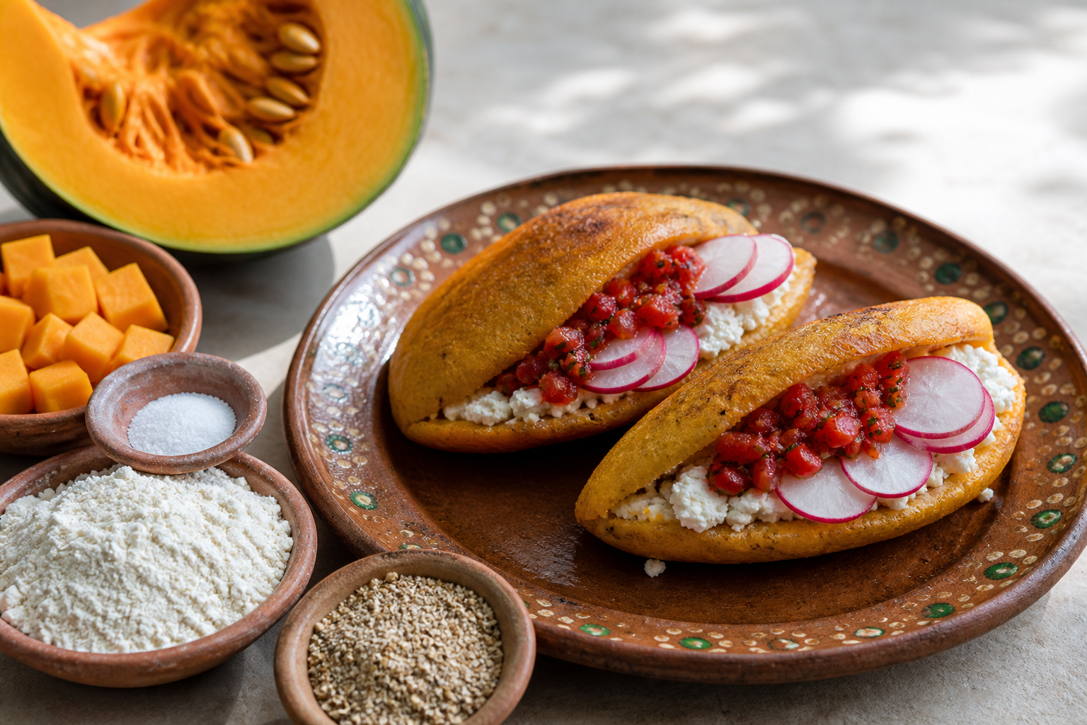 Tortitas salvadoreñas de ayote sazón y alguashte con relleno de cuajada, chirmol de tomate asado y rábanos al limón