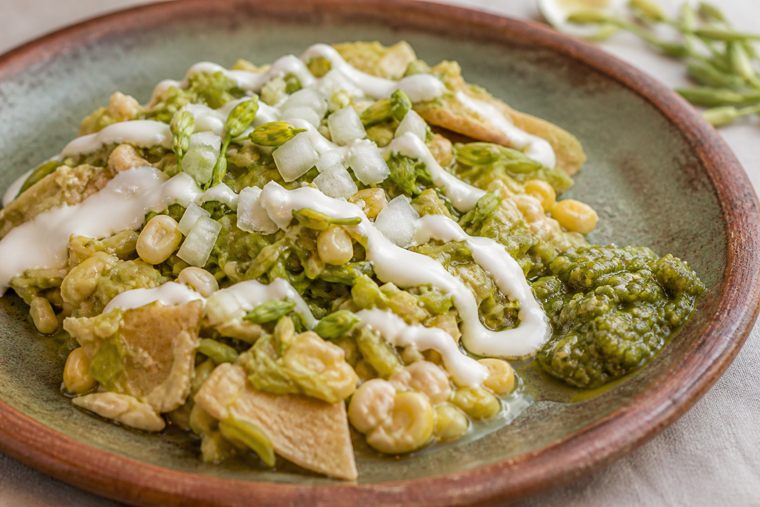 Chilaquitas salvadoreñas de maíz y ayote con loroco, crema de panela y chirmol de tomatillo asado