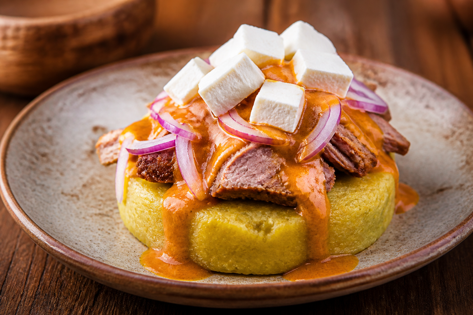 Green Plantain Bollo with Smoked Pork, Fresh Cheese, and Warm Peanut Tree Tomato Sauce