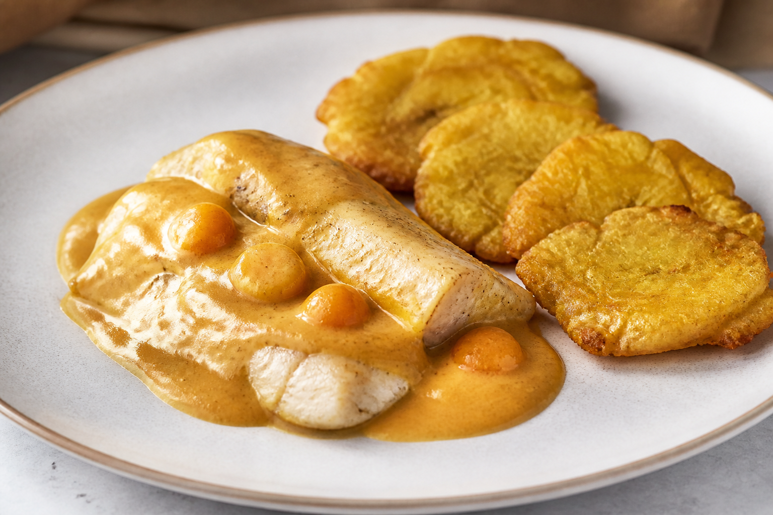 Corvina in Peanut and Goldenberry Sauce with Crispy Green Plantain Cakes