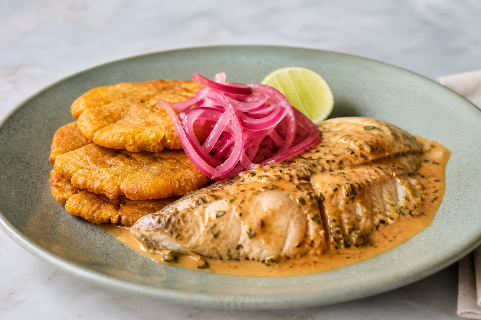 Corvina in Peanut Herb Sauce with Green Plantain Patties and Pickled Red Onion