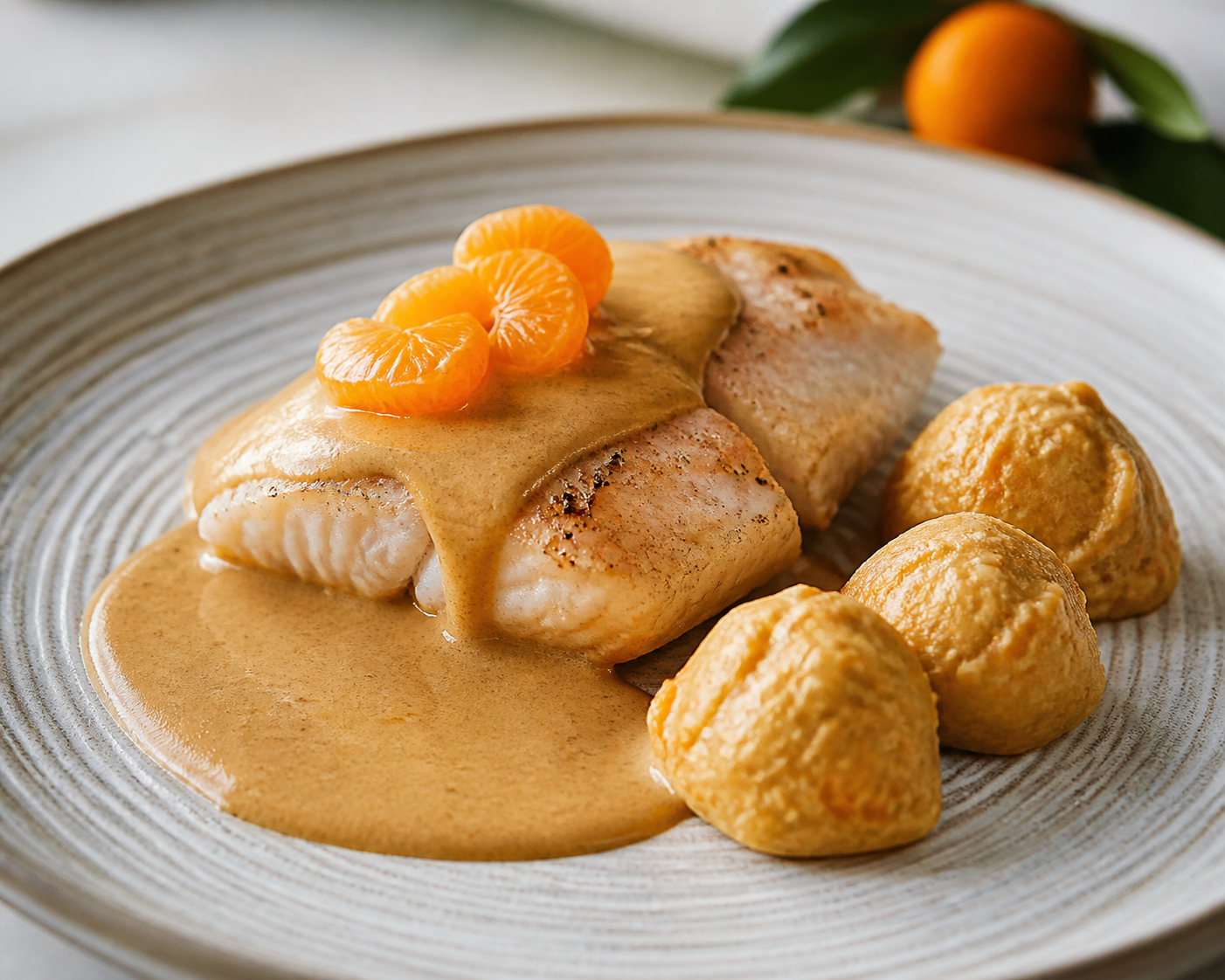 Corvina en Salsa de Maní y Mandarina con Bollitos de Verde al Achiote