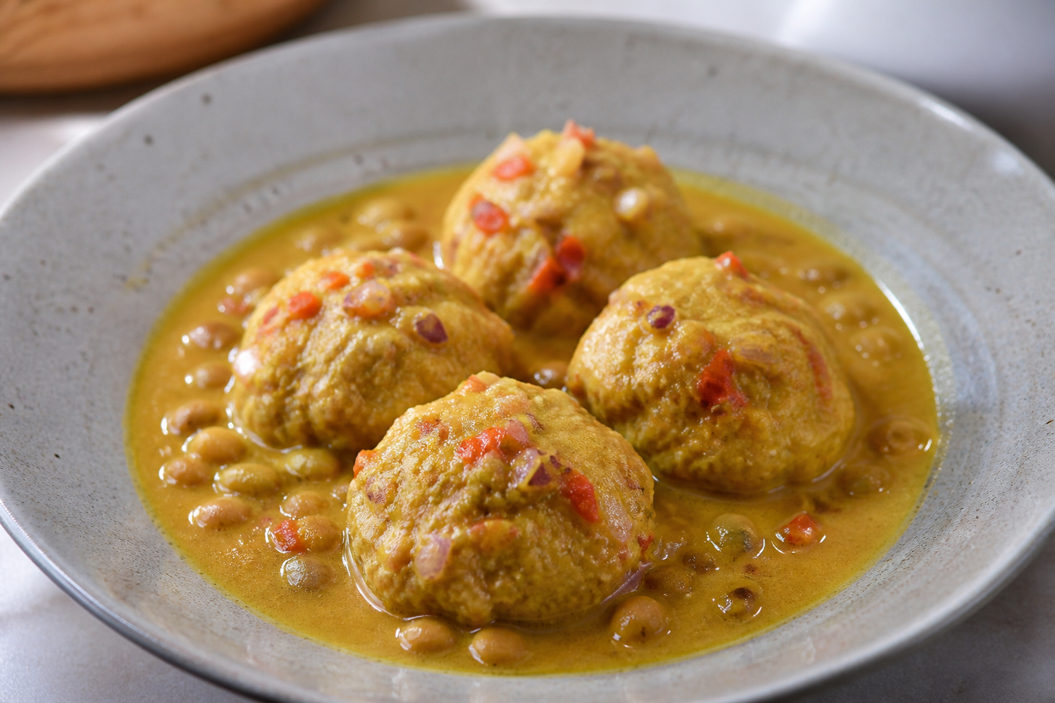 Albóndigas Dominicanas de Guineo Verde y Pollo en Salsa de Coco con Guandules
